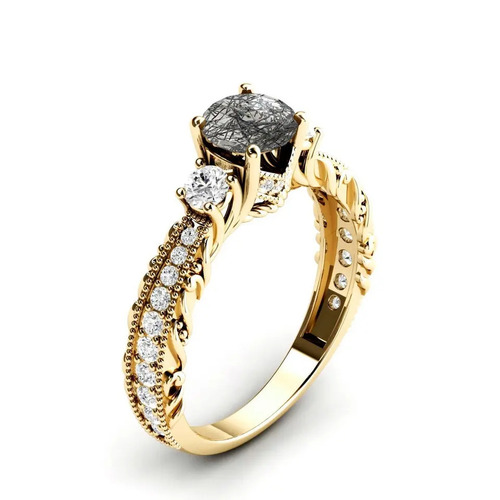 925 Sterling Silver Unique Natural Black Rutilated Quartz Bridal Promise Ring