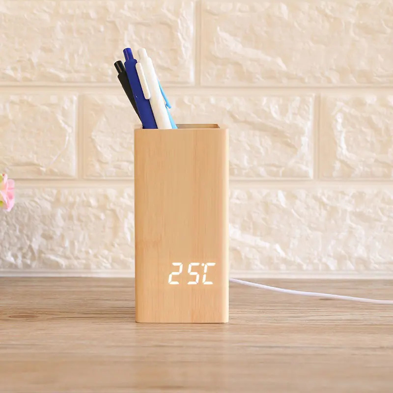 Wooden Style Pen Holder with Digit Alarm Clock and Temperature Measurement