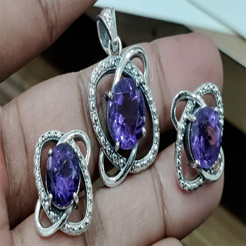 Sterling silver 92.5 % Amethyst Earing Pendent Set  ( Design no 2 )