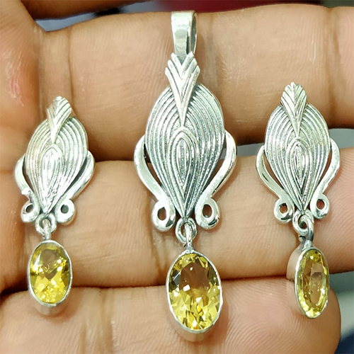 Sterling silver 92.5 % Citrine Stone Earring  Pendant Set (Design no 3)