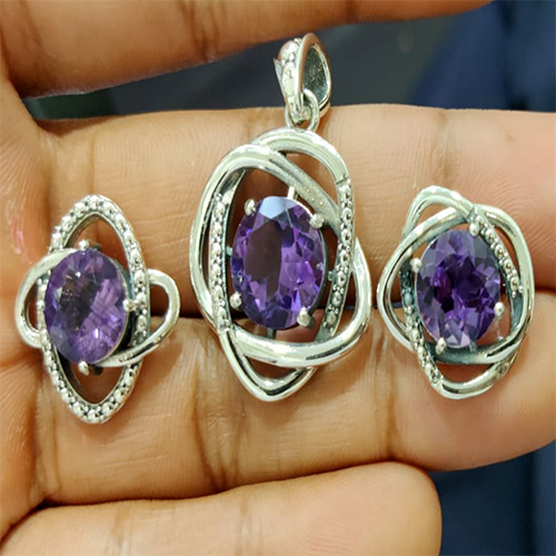 Sterling silver 92.5 % Amethyst 3 peice  Pendant Earing Set