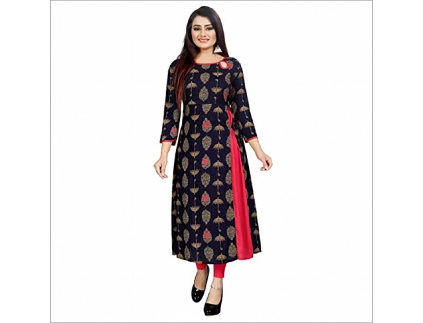 Ladies Printed Kurti - Rayon 52 Inches Length Navy Blue | Stylish Design Comfortable Fabric Trendy Prints Perfect Fit Elegant Look