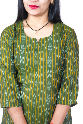GHL GUENDICHA HAAT Sambalpuri Certified Handloom Women's Pure Cotton Key Holeneck Kurta(BGREEN)