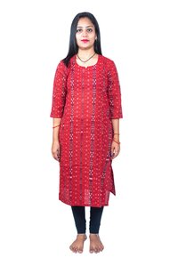 Ghl Guendicha Haat Sambalpuri Certified Handloom Women's 100% Pure Cotton Striped Round Neck Kurta - Sizes S-4xl, Red, Comfortable & Classy Design