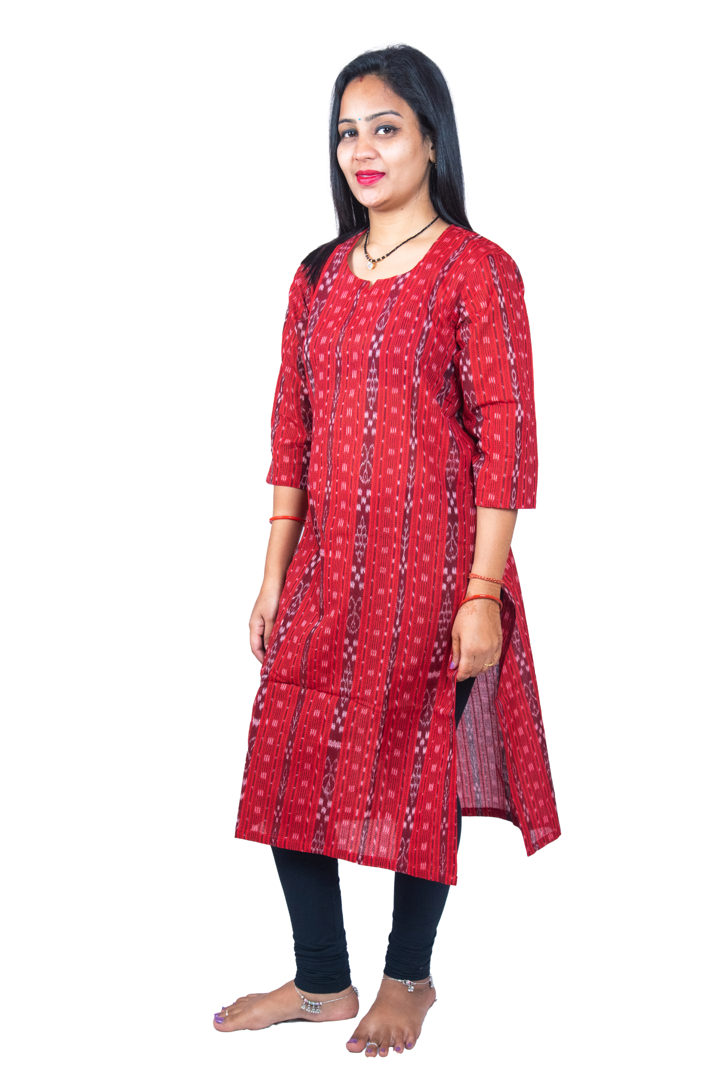 GHL GUENDICHA HAAT Sambalpuri Certified Handloom Women's Pure Cotton Round neck Kurta(RED)