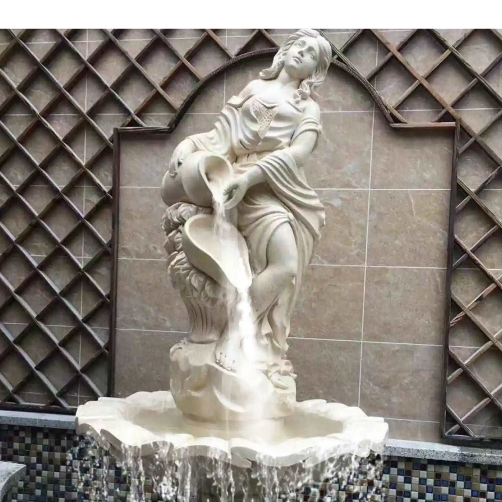 Statue Holding Marble Water Fountain - Color: White