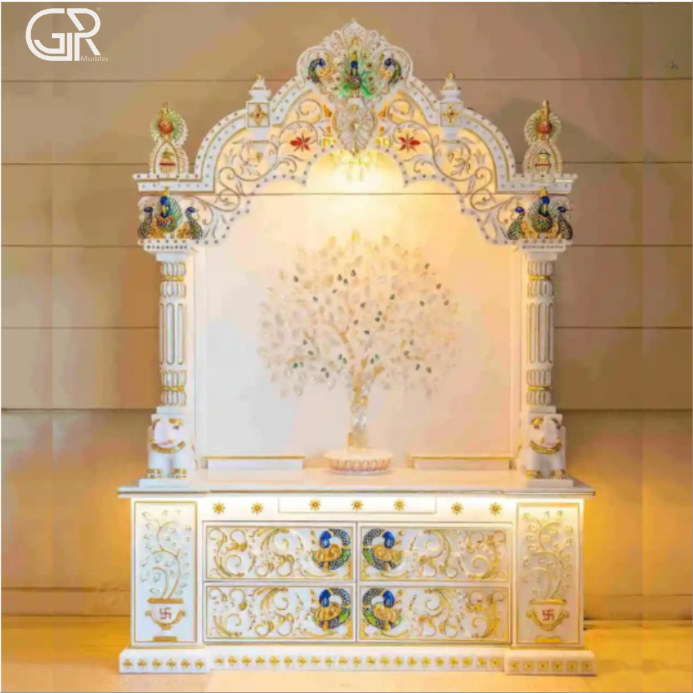 Painted White Marble Pooja Mandir