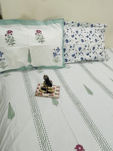 Cotton Hand Block Printed Bedsheet - 90x108 Size, White Color | 210 Thread Count, Includes 18x28 Pillow Cover, Ideal for Comfortable Sleep