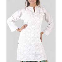 Chikan Kurtis - Cotton A-Line, White Embroidered Design | Breathable, Washable, Long Sleeve for All Seasons
