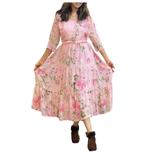 Pink & White Ladies Knee Length Floral Print Georgette Kurti