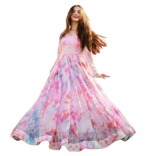 Pink & White Ladies Printed Designer Full Sleeves Gown