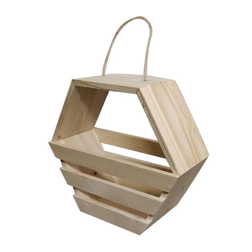 Light Brown Pine Wood Hexagonal Gifts Hamper