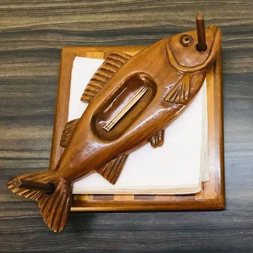 Glossy 8X8 Inch Brown Wooden Fish Tissue Paper Holder