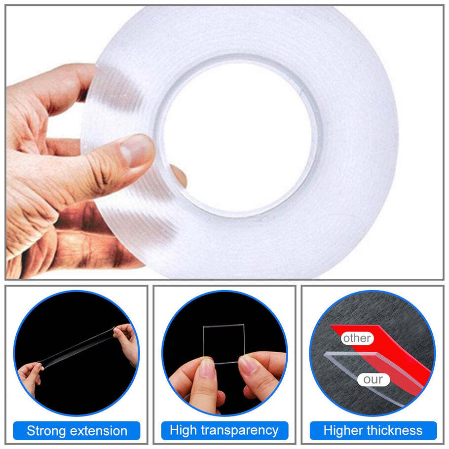 Double Sided Nano Adhesive Tape 3 meter Washable Traceless Nano Gel Tape Multipurpose (0882)