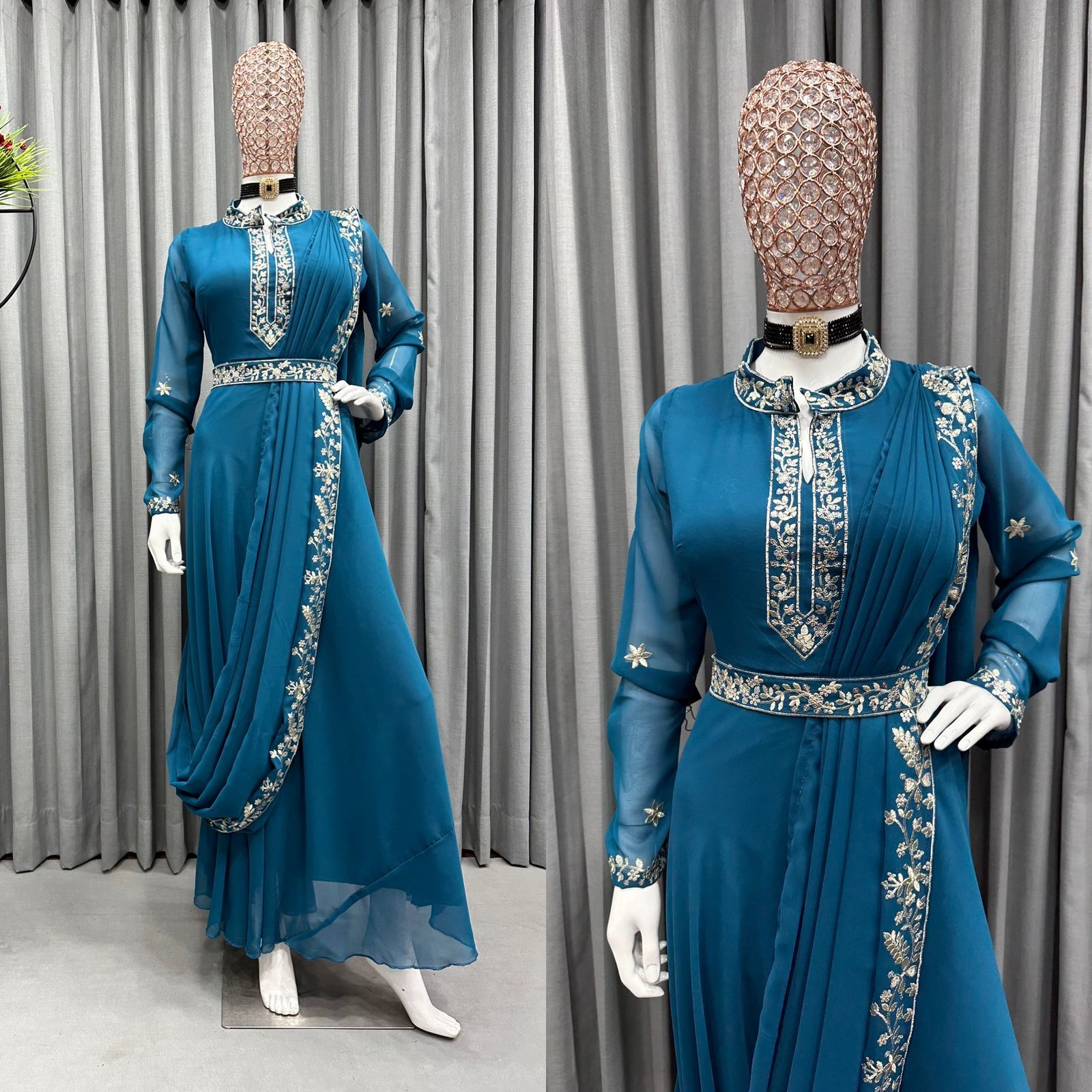 Women Same Colour Beautiful Designer Indo Western Saree drape pattern Suit