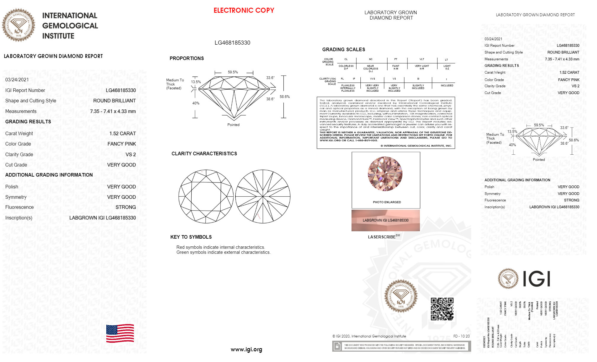 Round 1.52ct Fancy Pink VS2 IGI Certified Lab Grown Diamond 468185330