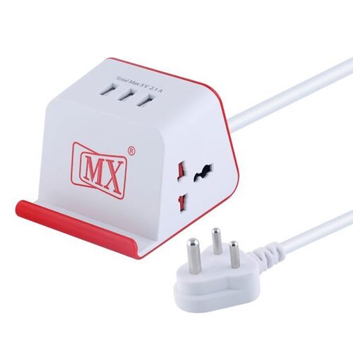 MX Cube Universal Spike Protector with 3 USB 2 Socket Extension Boards (White Red) 3 mtr Cable