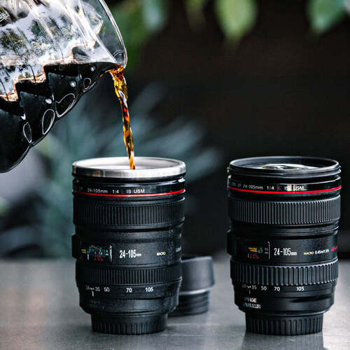 Black Plastic Camera Lens Stainless Steel Coffee Mug (4763)