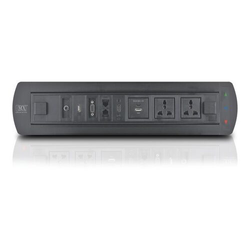 MX Motorized Pop Up Box Cable Cubby With 2 Universal Power Socket + 2 USB Charger (A+C 18W PD) + 1 HDMI (4K) + 2 RJ 45 (CAT-6) + 1 USB (Data) + 1 VGA + 1 AUX (3.5MM)