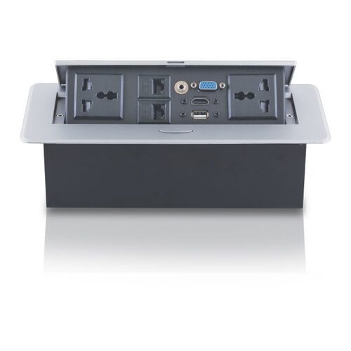 MX Hydraulic Pop Up Box Cable Cubby with Switch 2 Universal Power Socket + 2 RJ-45 (CAT-6) + 1 VGA + 1 USB (DATA) + 1 HDMI (4K) +1 3.5 MM AUX Port