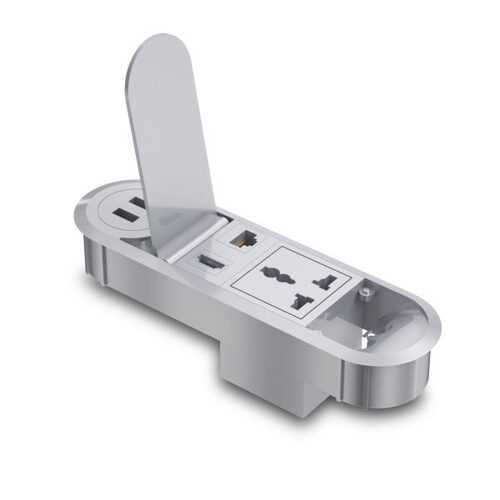 MX डेस्कटॉप कॉन्सिल पावर आउटलेट 1 यूनिवर्सल सॉकेट के साथ 2 USB A चार्जर 1 RJ-45 (CAT-6) 1 HDMI 1.8 MTR कॉर्ड के साथ