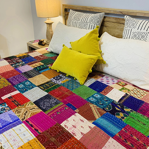 Rajasthani Silk Patchwork Quilted Bed Cover