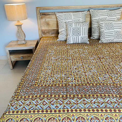 Yellow Ajrakh Applique Bed Cover