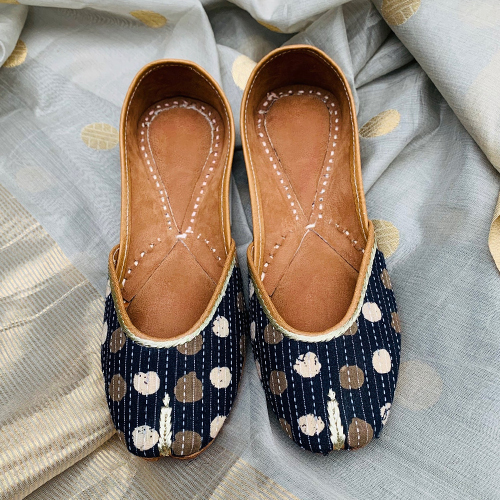 Neelofar_s Navy Blue Juti With Hand Done Polka Dots