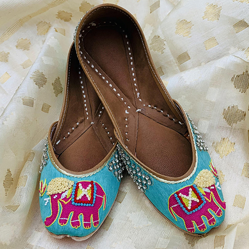 Torqouise Elephant Punjabi Juttis With Bead Work And Thread Work