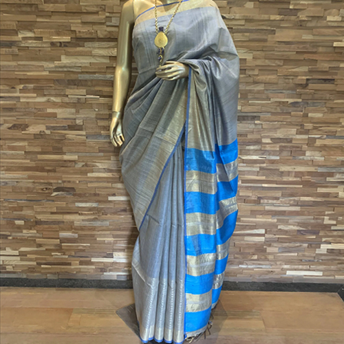 Grey Tusser Saree With Blue Zari Border