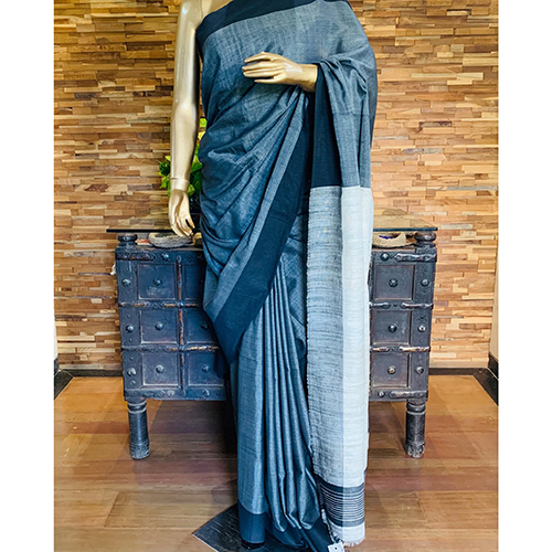 Grey Tusser Silk Saree With Black Border