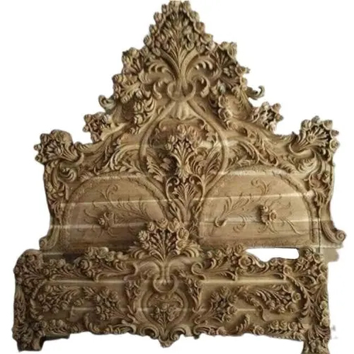 Brown Teakwood Carved King Size Bed Headboard