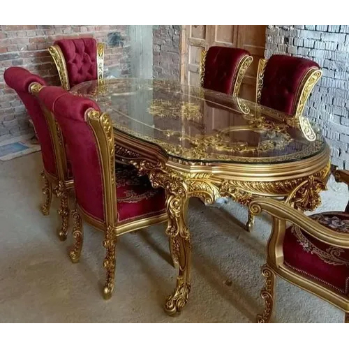 Golden 6 Seater Teakwood Carved Dining Table