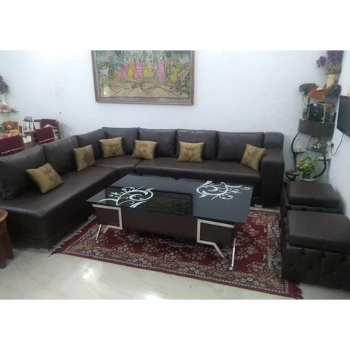 Leather Couch - Wooden Frame, Brown Leather Finish | Modern Indian Style Sofa for Living Room