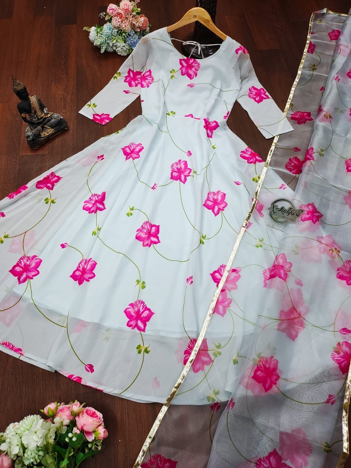 Maxi dress flare sleeve organza Dupatta