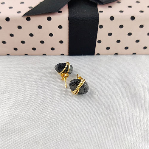 Black Rutile Gemstone Tumble Smooth Sterling Silver Gold Vermeil Stud Earrings Size: 8-10Mm