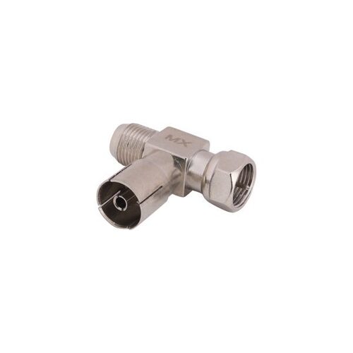 T CONNECTOR 1 F TYPE FEMALE SOCKET TO 1 F TYPE MALE SOCKET AND1 RF TYPE FEMALE SOCKET