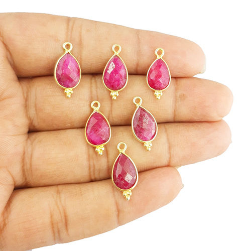 Dyed Ruby Gemstone Pear 12x8mm Sterling Silver Gold Vermeil Fancy Bezel Charm