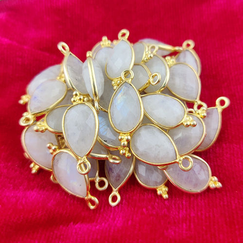 Rainbow Moonstone Gemstone Pear 12x8mm Sterling Silver Gold Vermeil Fancy Bezel Charm