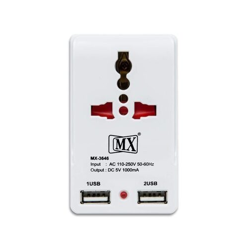यूनिवर्सल सॉकेट टू 3 पिन इंडियन प्लग कन्वर्टर 3646 वर्ल्डवाइड एडाप्टर (सफेद) के साथ MX डुअल USB चार्जर