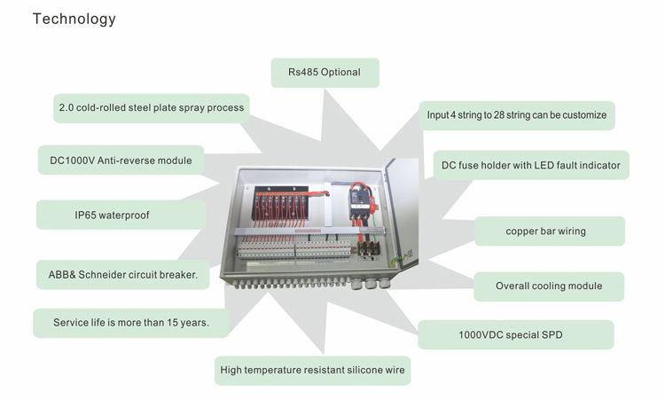 PV array junction box/combiner box 8 in 1 out for on/off grid solar power system