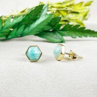 Amazonite Gemstone Hexagon Sterling Silver Gold Vermeil Collet Set Stud