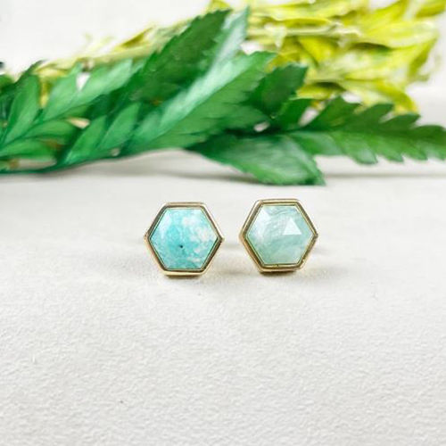 Amazonite Gemstone Hexagon Sterling Silver Gold Vermeil Collet Set Stud