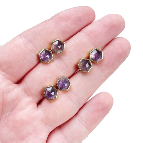 Amethyst Gemstone Hexagon Sterling Silver Gold Vermeil Collet Set Stud