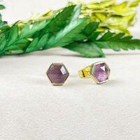 Amethyst Gemstone Hexagon Sterling Silver Gold Vermeil Collet Set Stud