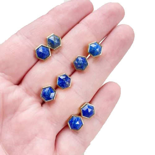 Earrings Lapis Lazuli Gemstone Hexagon Sterling Silver Gold Vermeil Collet Set Stud