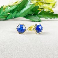 Lapis Lazuli Gemstone Hexagon Sterling Silver Gold Vermeil Collet Set Stud