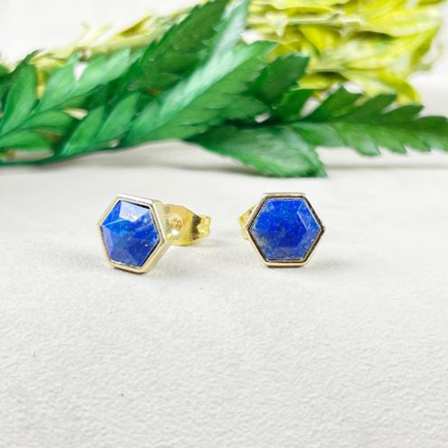 Lapis Lazuli Gemstone Hexagon Sterling Silver Gold Vermeil Collet Set Stud