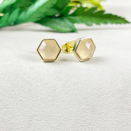 Rose Quartz Gemstone Hexagon Sterling Silver Gold Vermeil Collet Set Stud