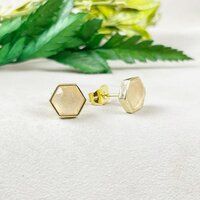 Rose Quartz Gemstone Hexagon Sterling Silver Gold Vermeil Collet Set Stud